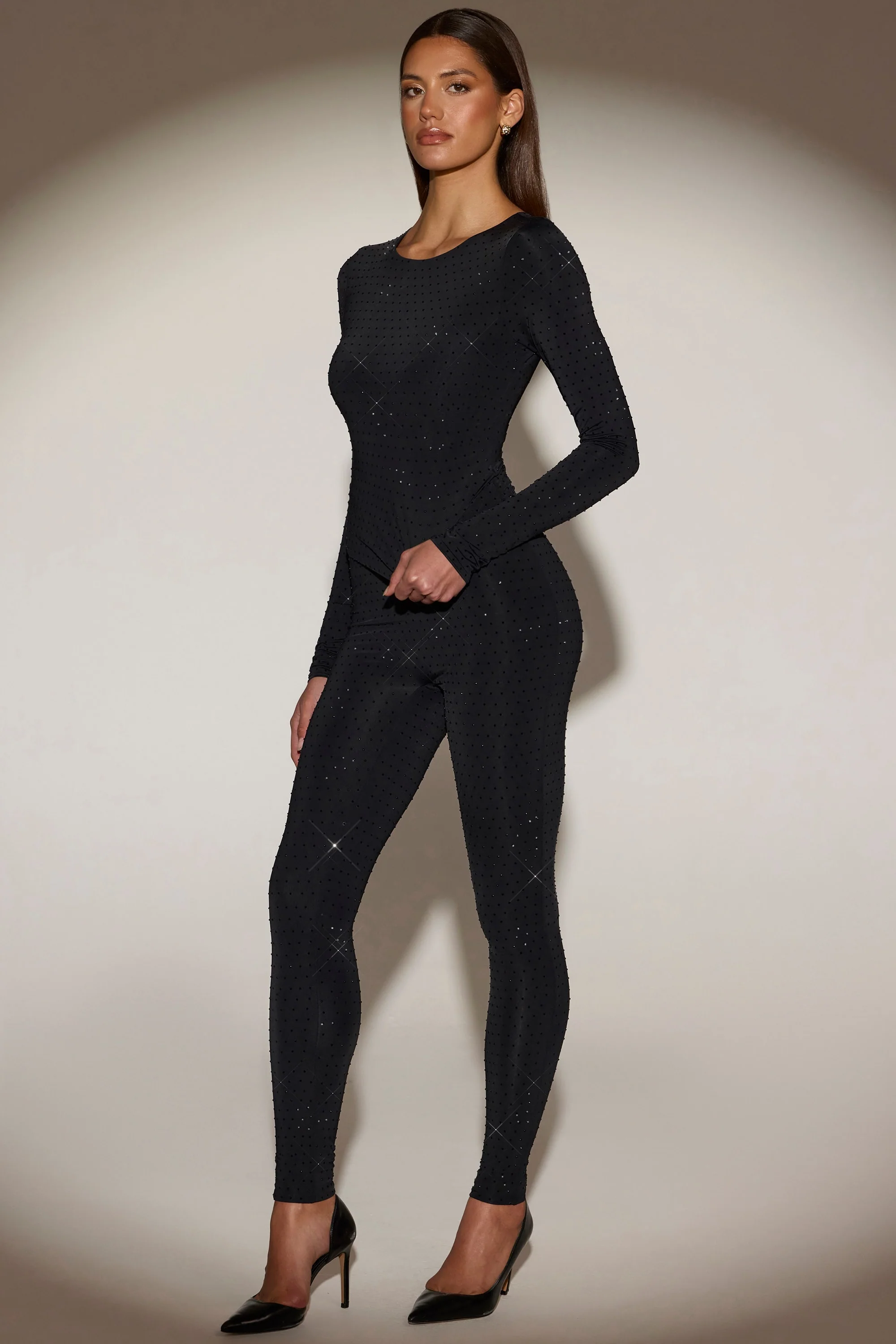 Embellished Crew-Neck Long-Sleeve Top in Black - Image 6
