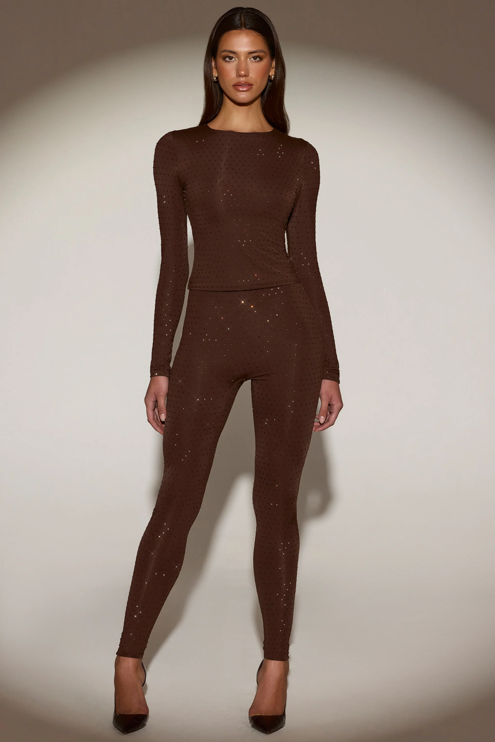 Embellished Crew-Neck Long-Sleeve Top in Chocolate Brown - Image 7