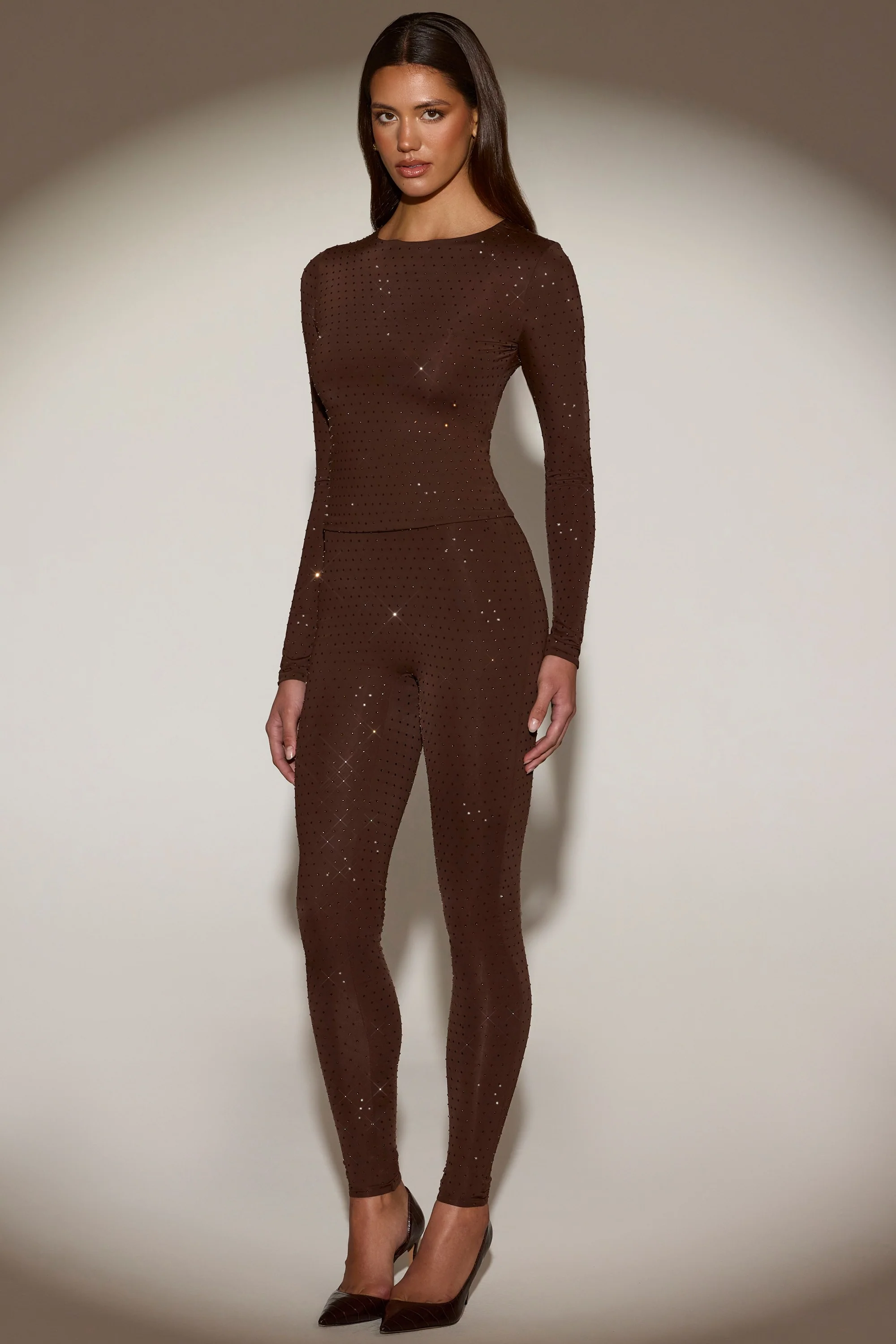 Embellished Crew-Neck Long-Sleeve Top in Chocolate Brown - Image 8