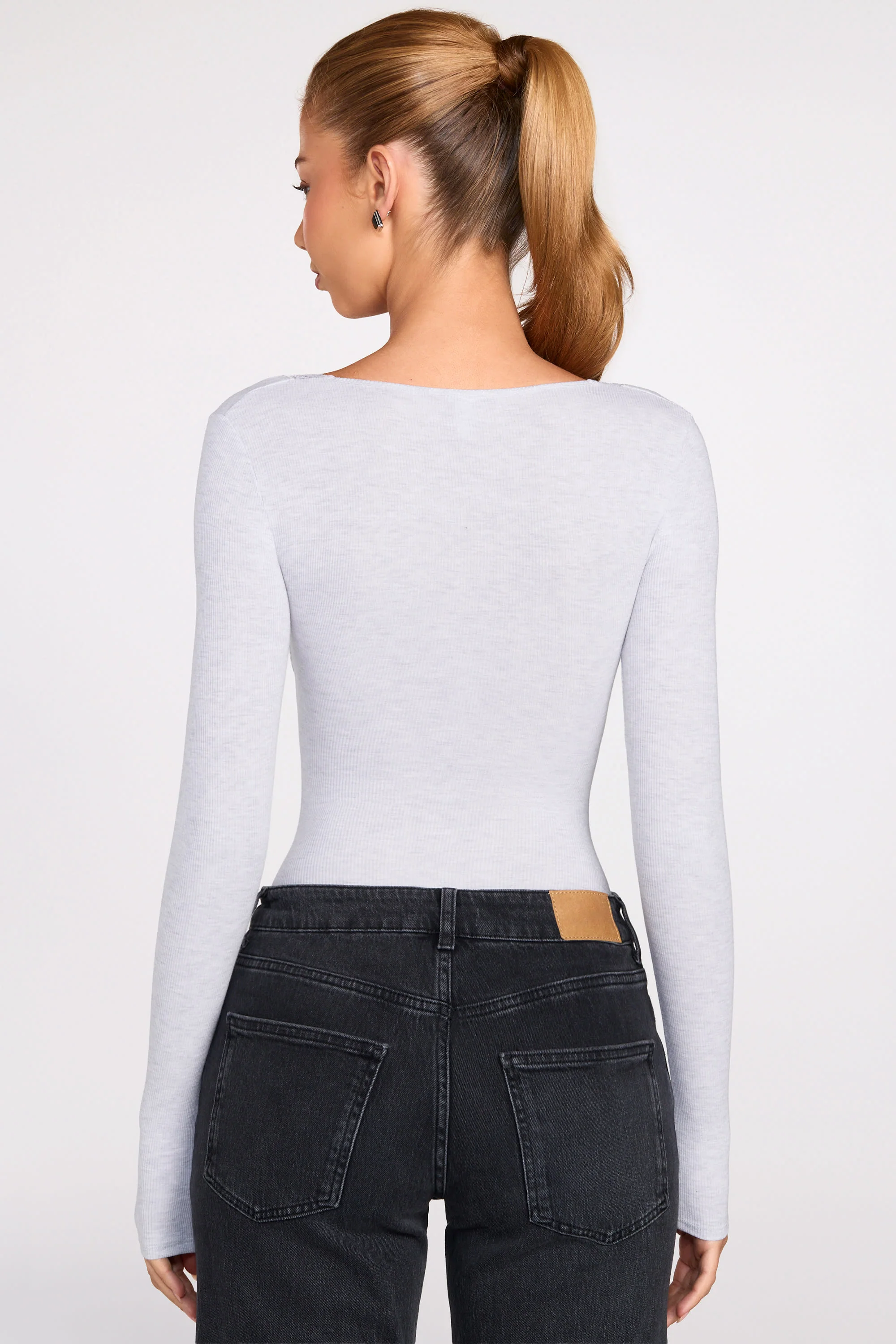 Ribbed Modal Long-Sleeve Plunge Bodysuit in Grey - Image 3