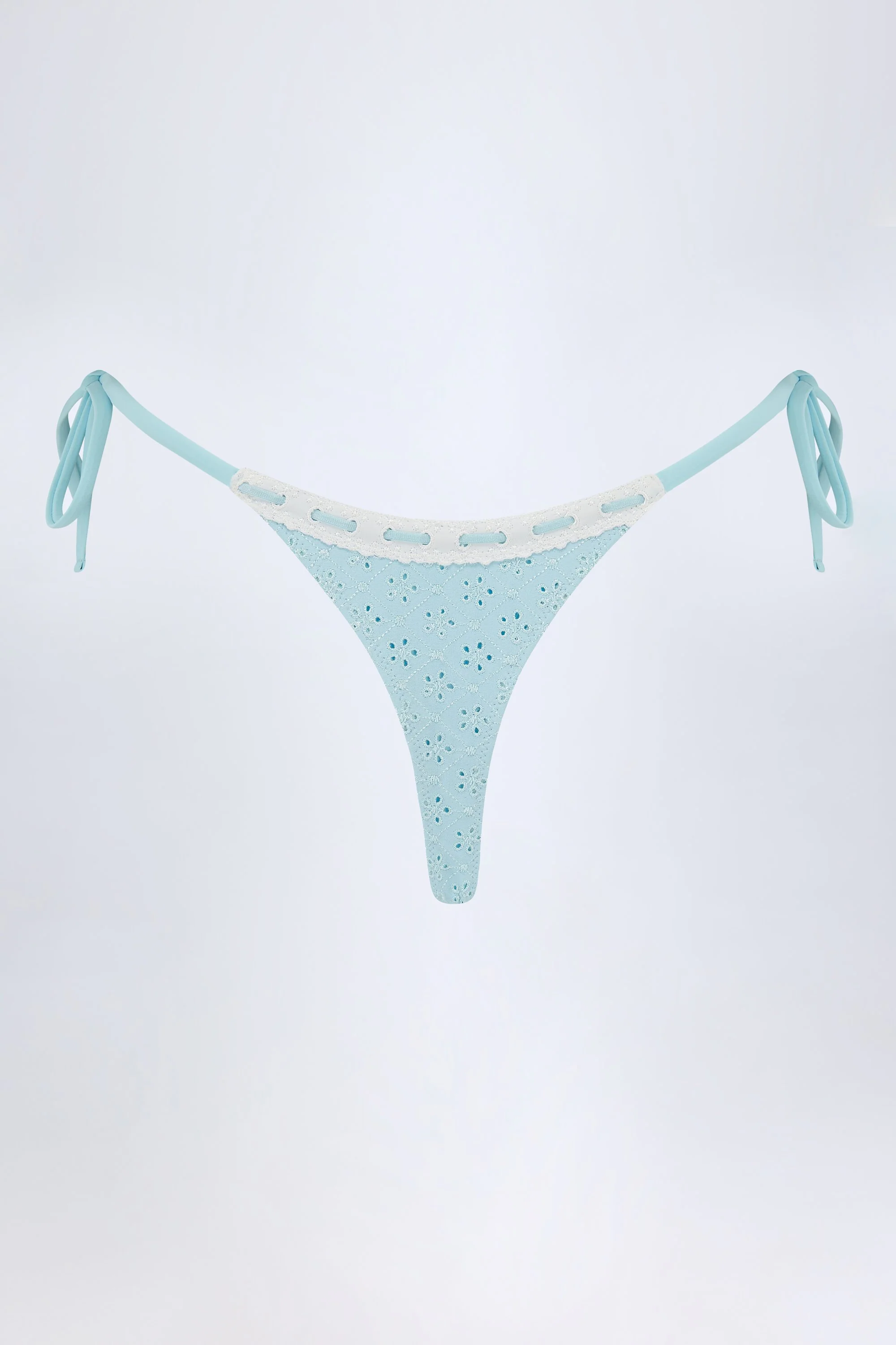 Broderie Anglaise Side-Tie Thong Bikini Bottoms in Powder Blue - Image 3