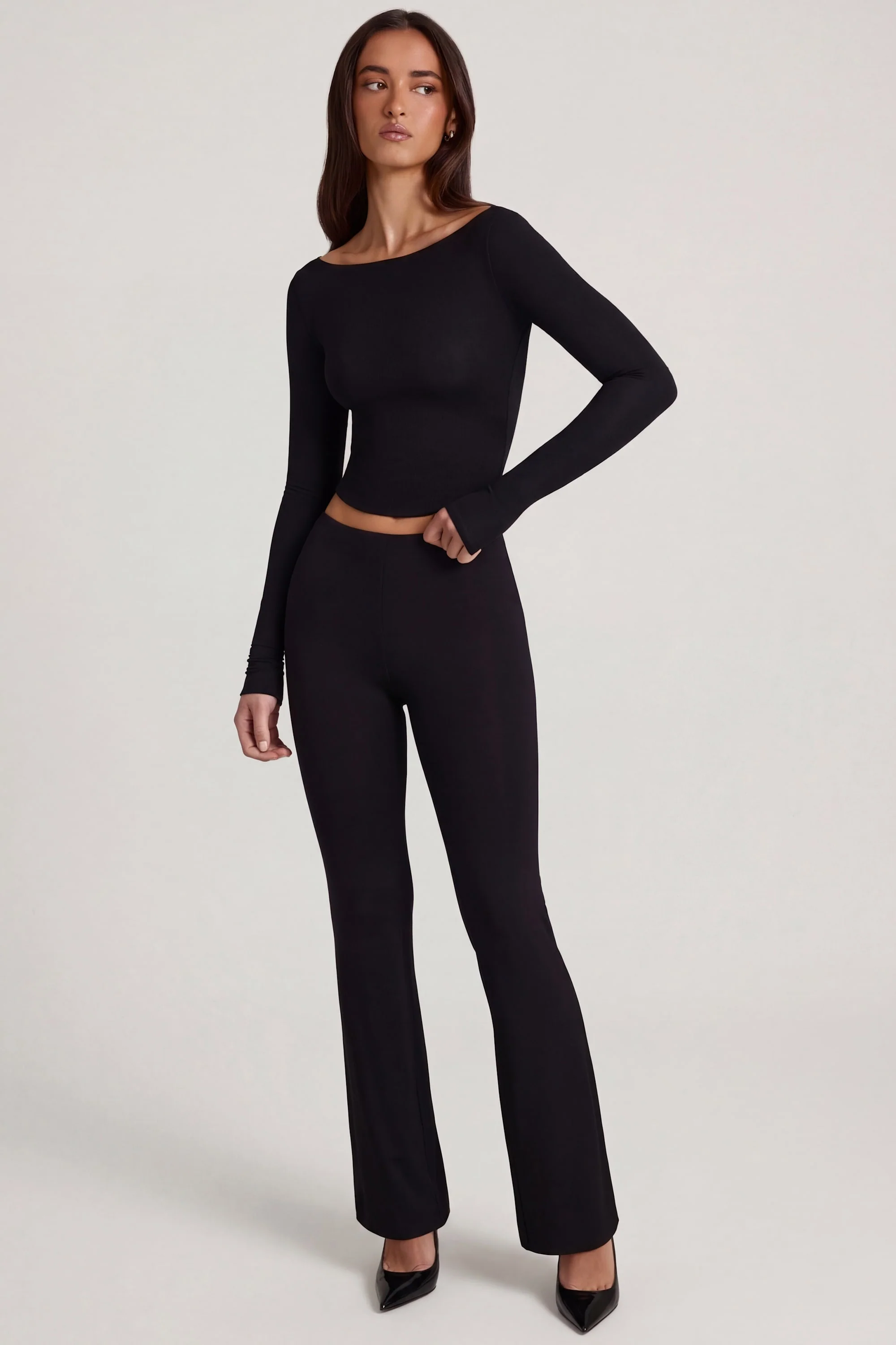 Modal Mid-Rise Flared Trousers in Black - Image 5