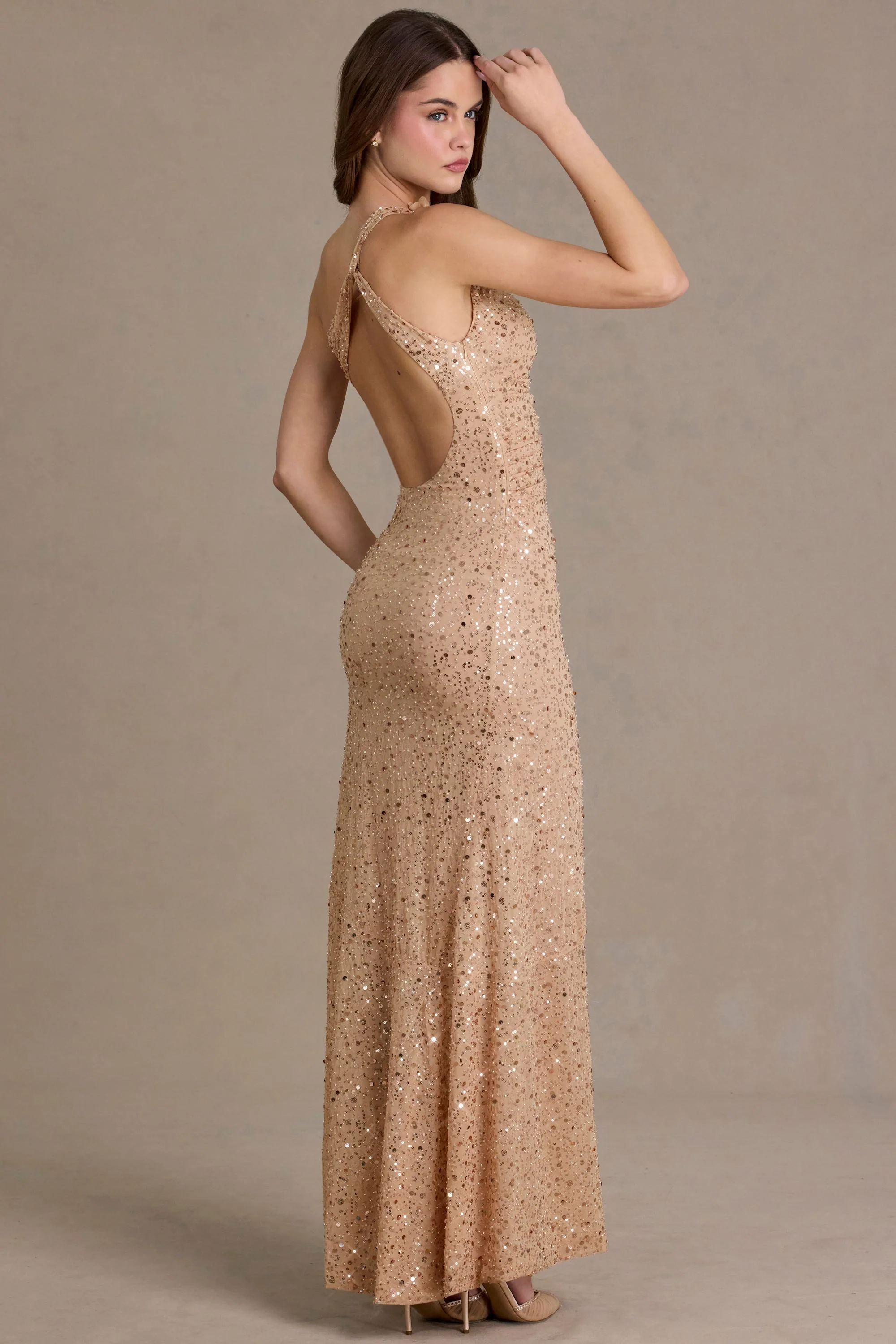 Embellished Asymmetric One-Shoulder Maxi Dress in Beige Gold - Image 2