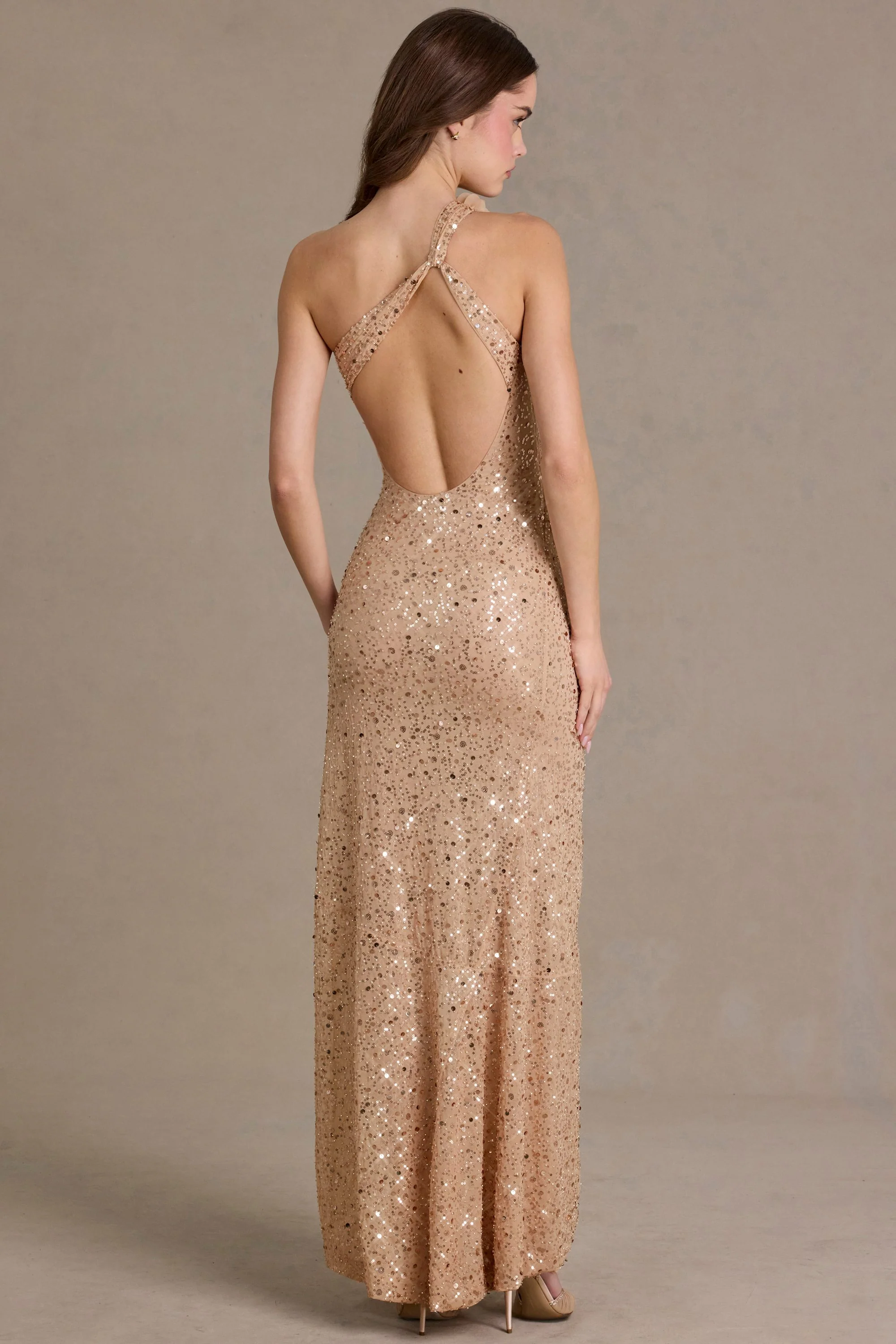 Embellished Asymmetric One-Shoulder Maxi Dress in Beige Gold - Image 5