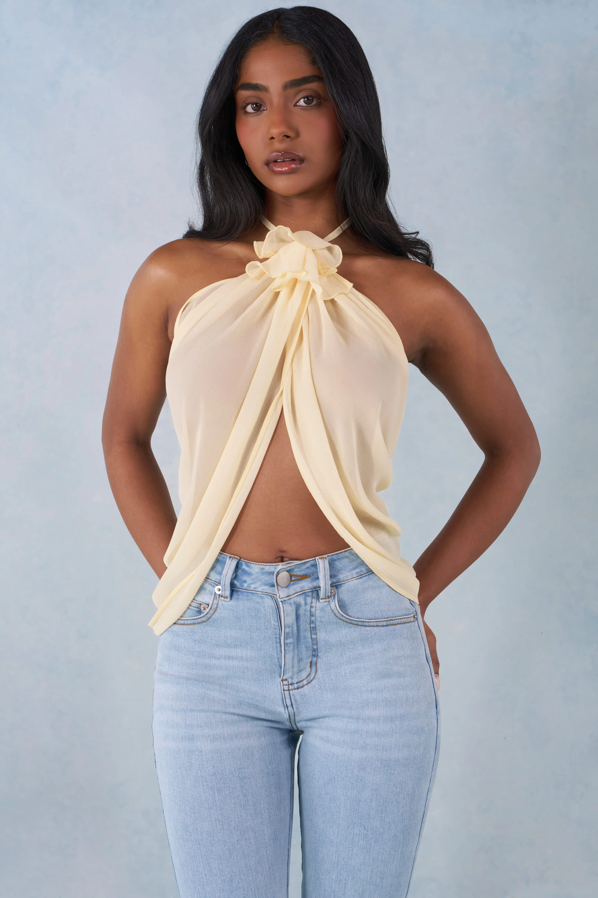 Halterneck Open-Front Top in Butter Yellow - Image 4
