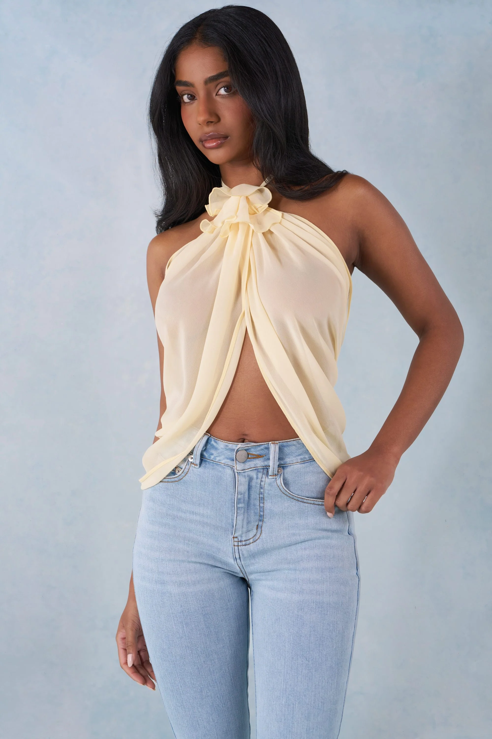 Halterneck Open-Front Top in Butter Yellow - Image 6