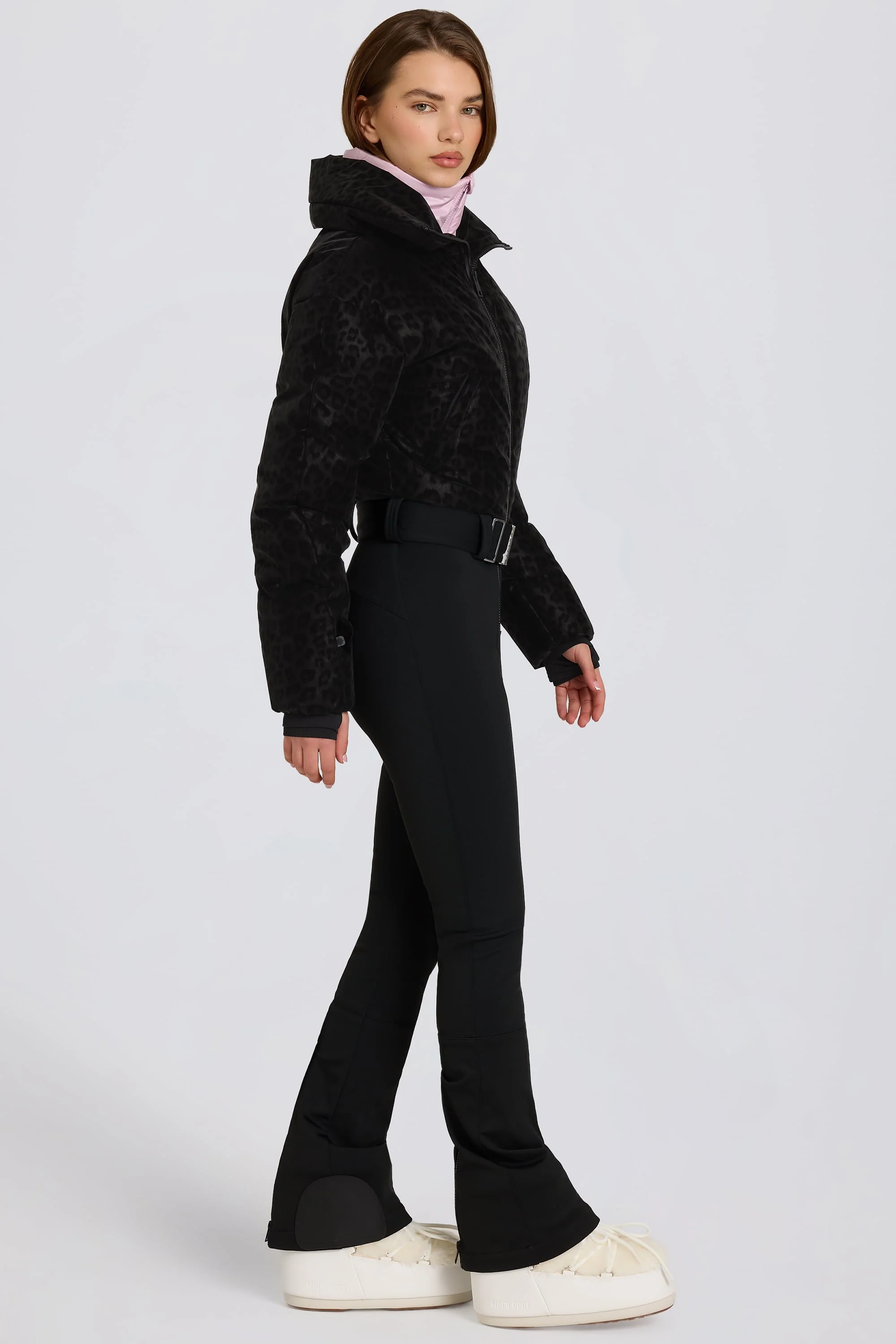 Waterproof Belted Layered Ski Suit in Black Leopard - Image 3