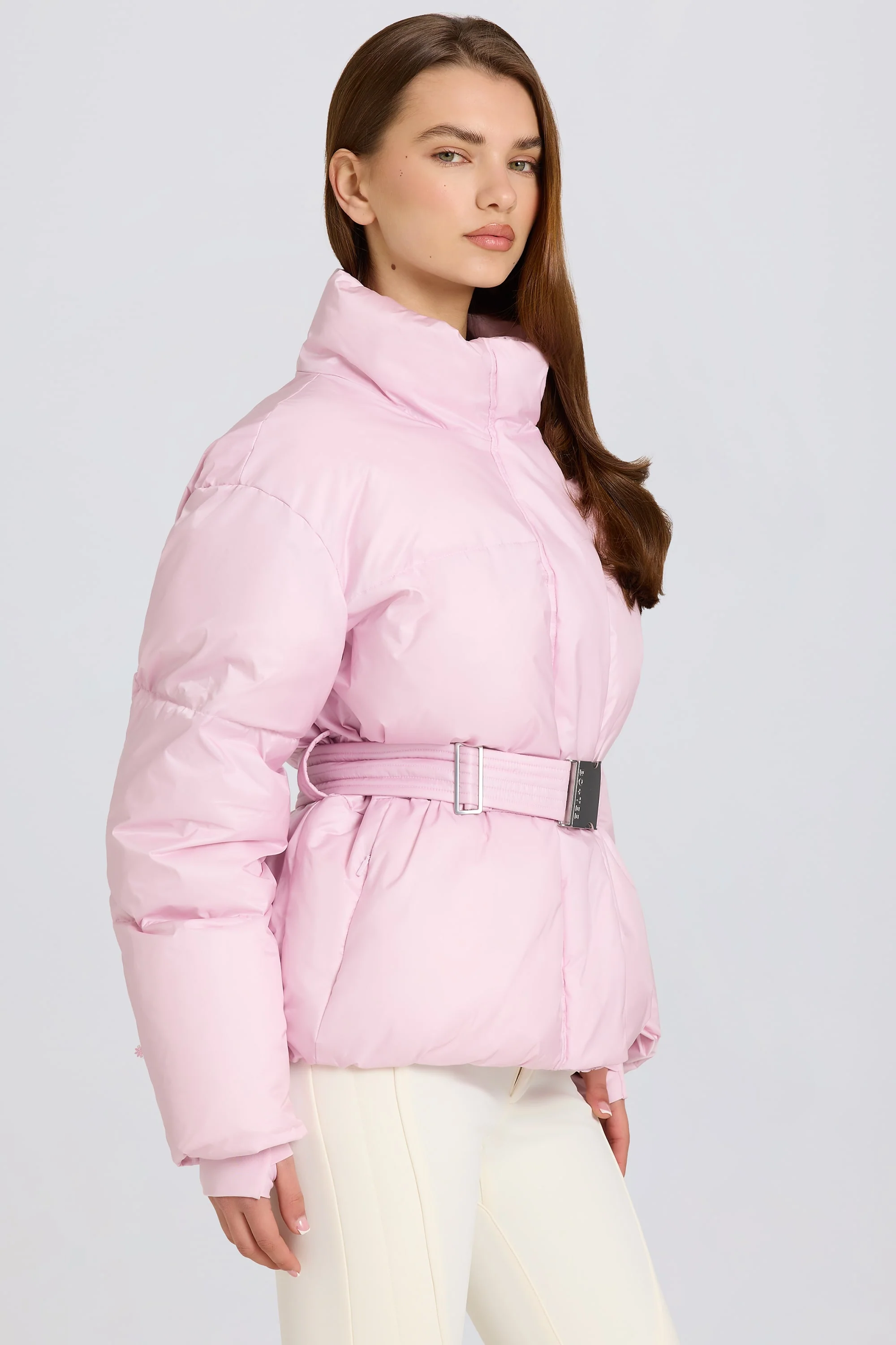 Waterproof Belted Oversized Ski Jacket in Powder Pink - Image 3