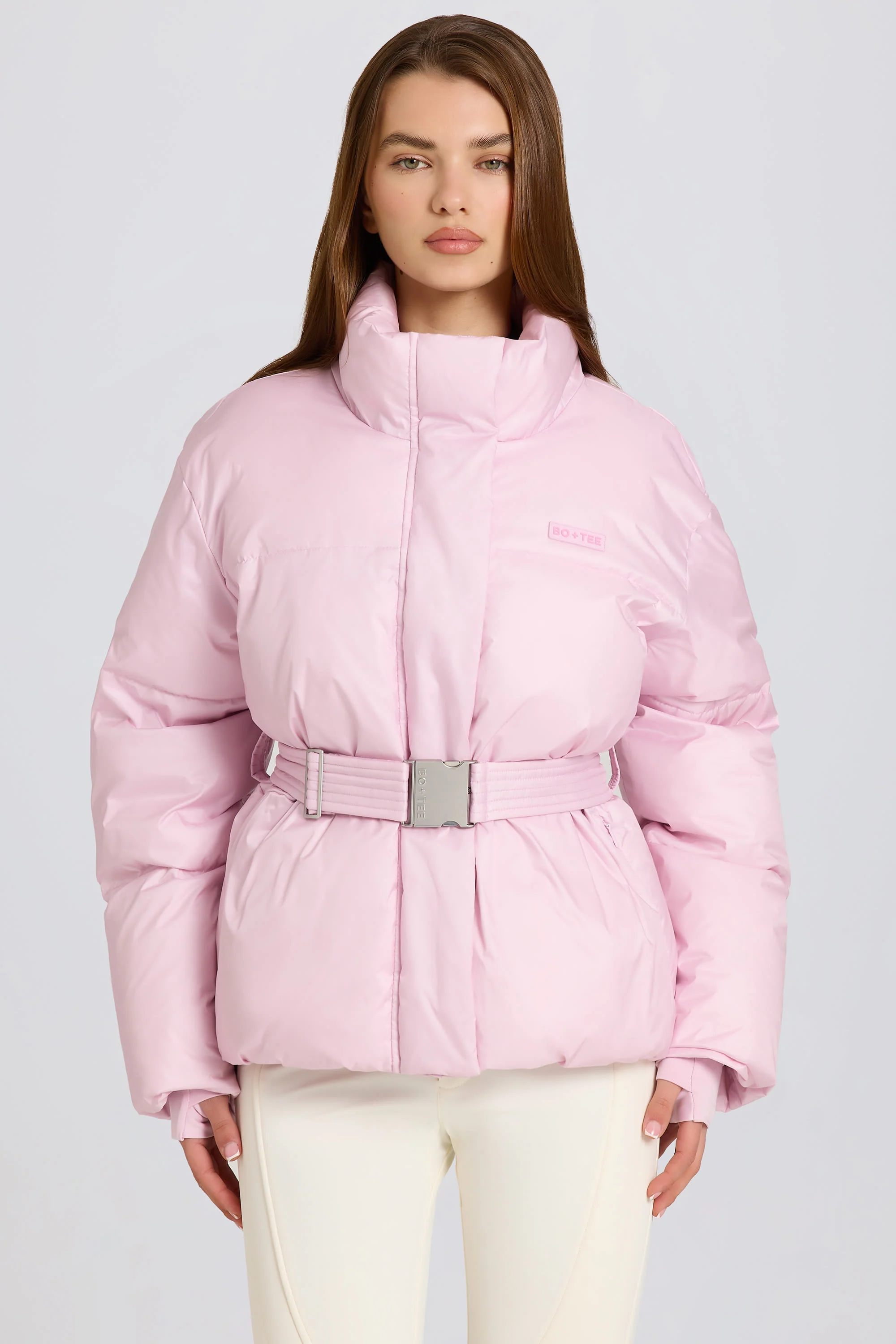 Waterproof Belted Oversized Ski Jacket in Powder Pink - Image 6
