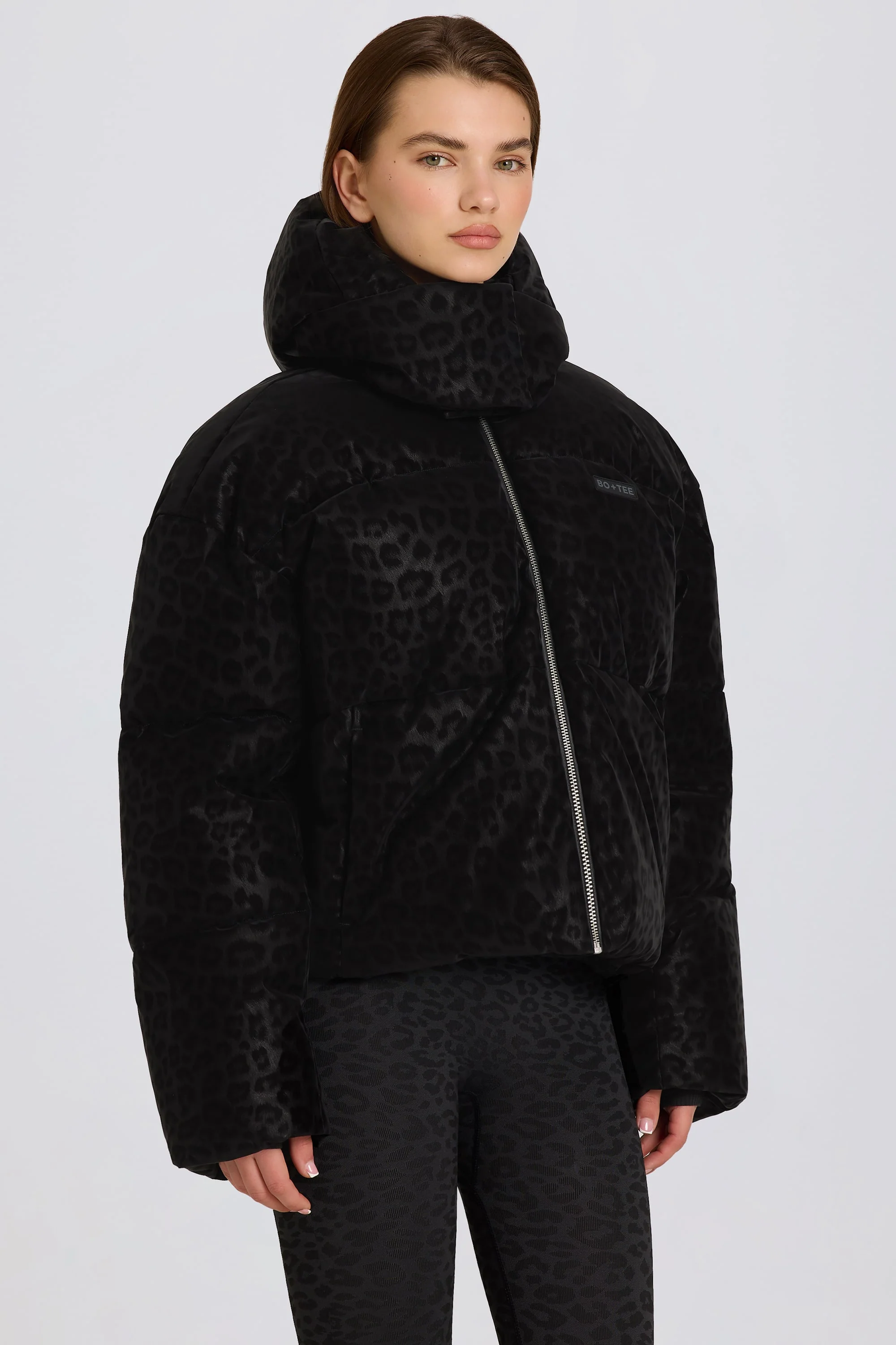 Waterproof Cropped Oversized Ski Jacket in Black Leopard - Image 5