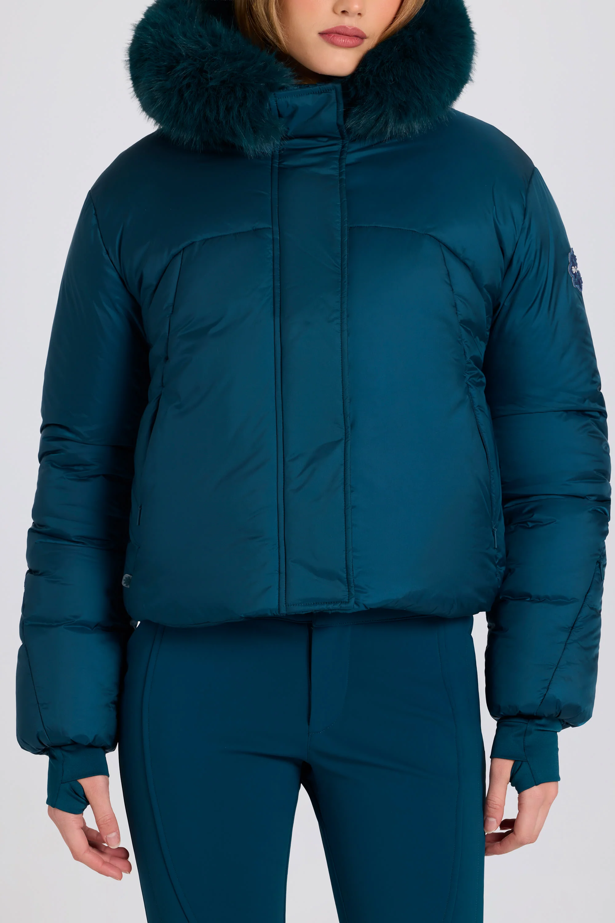 Waterproof Faux-Fur Hood Cropped Ski Jacket in Teal - Image 5