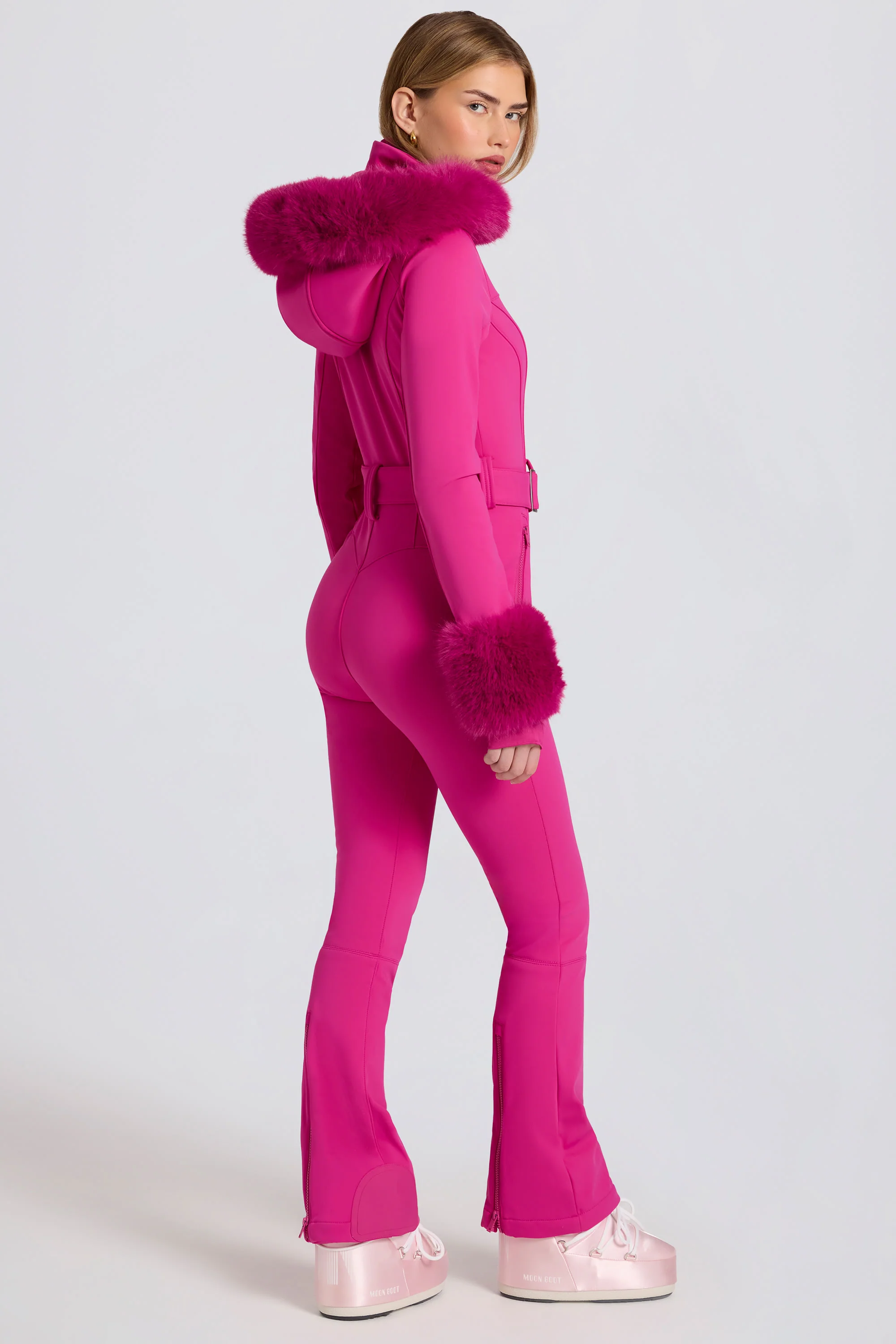 Waterproof Faux-Fur Hood Fitted Ski Suit in Magenta Pink - Image 2