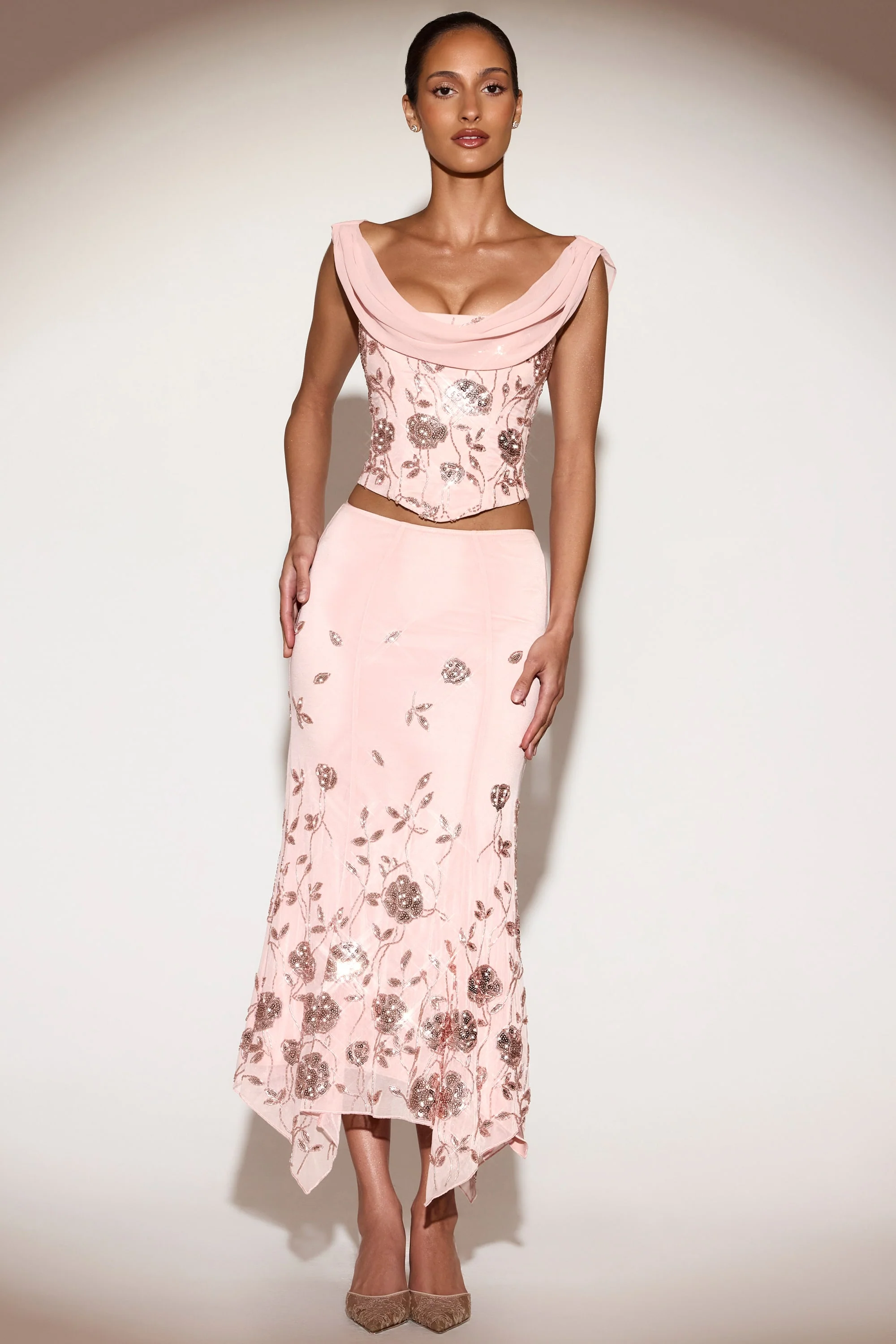 Embellished Mid-Rise Hanky-Hem Midaxi Skirt in Pink - Image 4