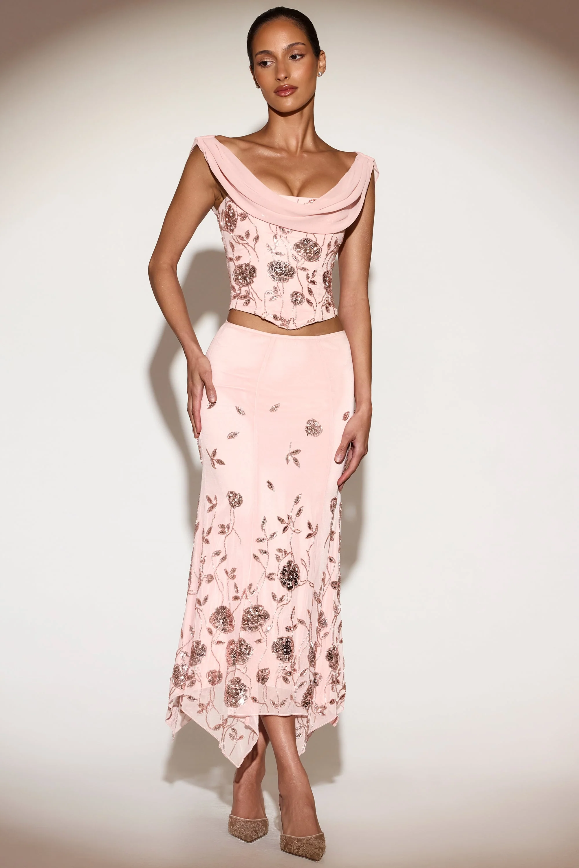Embellished Mid-Rise Hanky-Hem Midaxi Skirt in Pink - Image 5