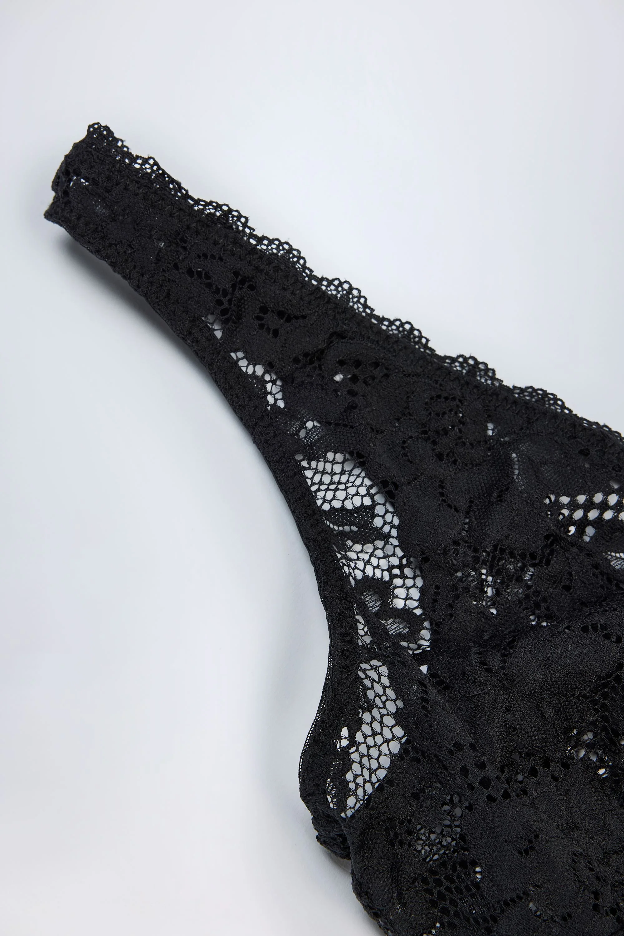 Sheer Lace Scalloped Plunge-Neck Bodysuit in Black - Image 7