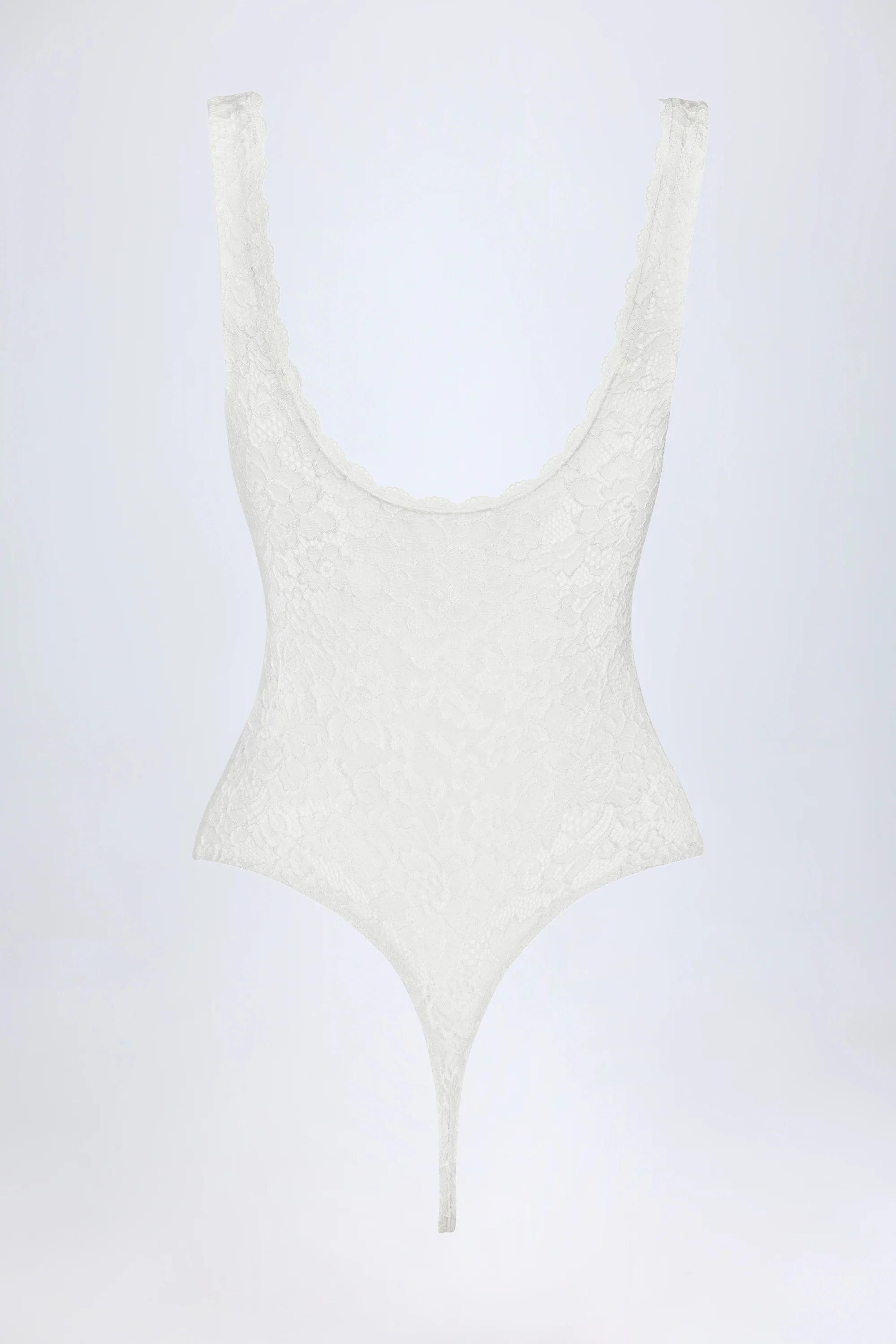 Sheer Lace Scalloped Plunge-Neck Bodysuit in White - Image 8