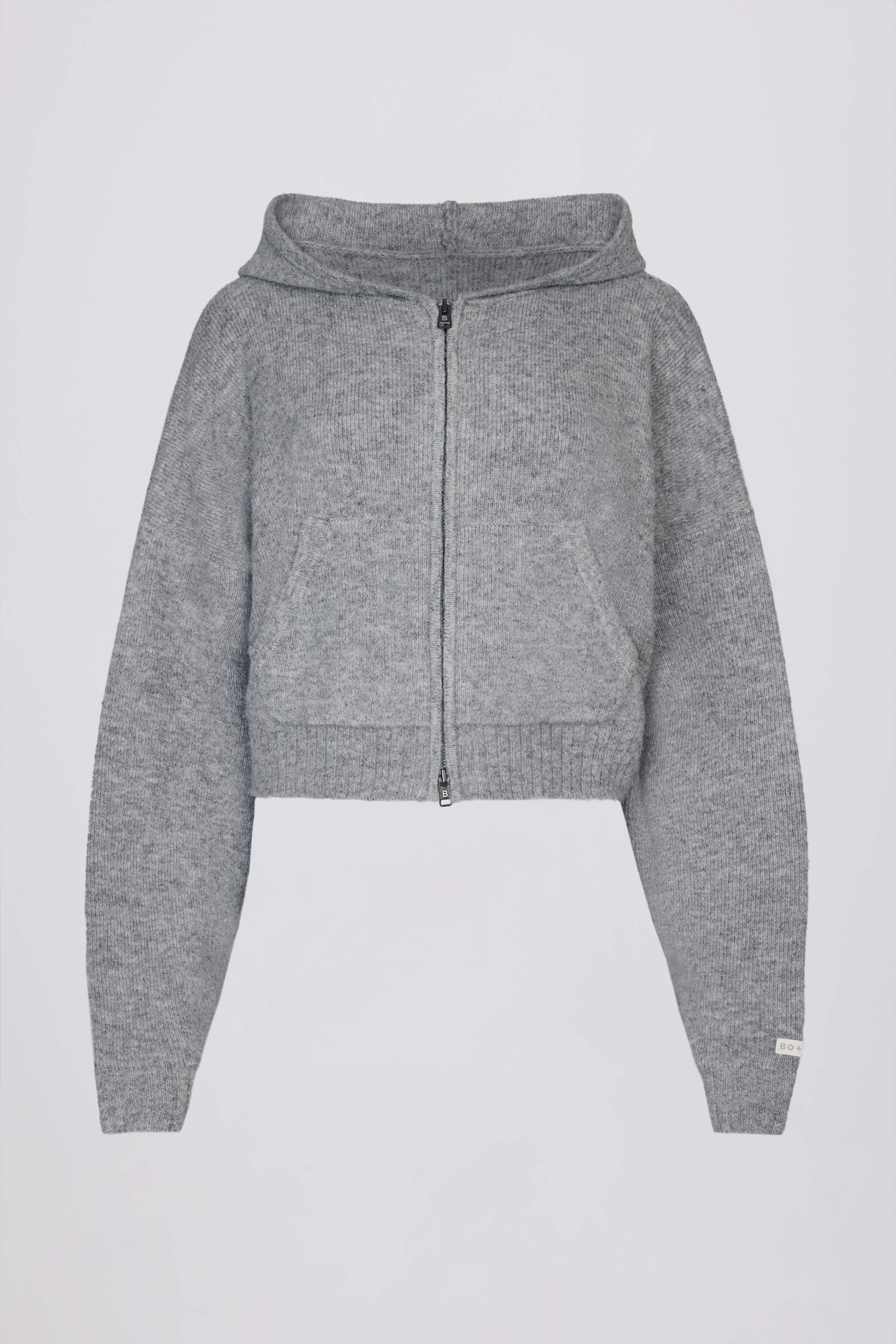 Soft Knit Zip-Up Cropped Hoodie in Grey - Image 3