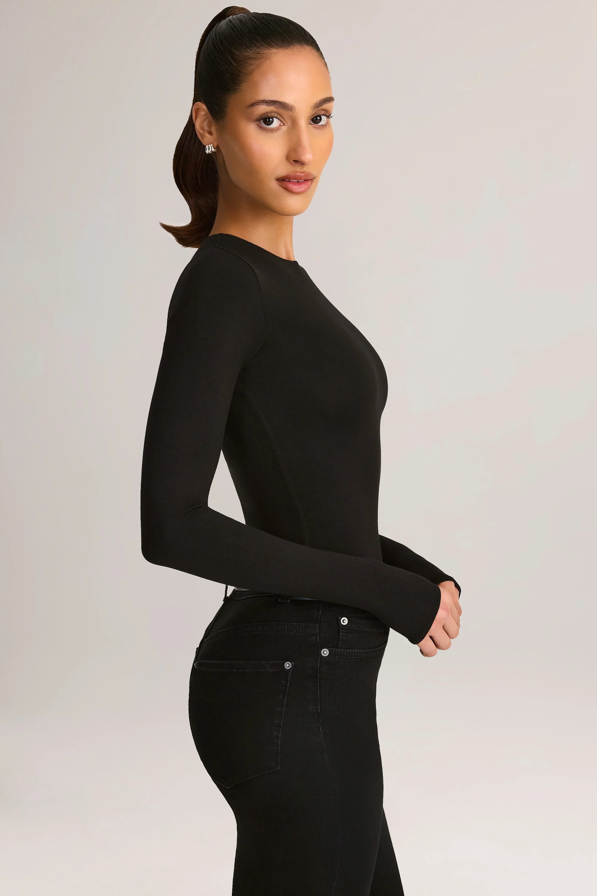 Modal Round-Neck Long-Sleeve Bodysuit in Black - Image 3
