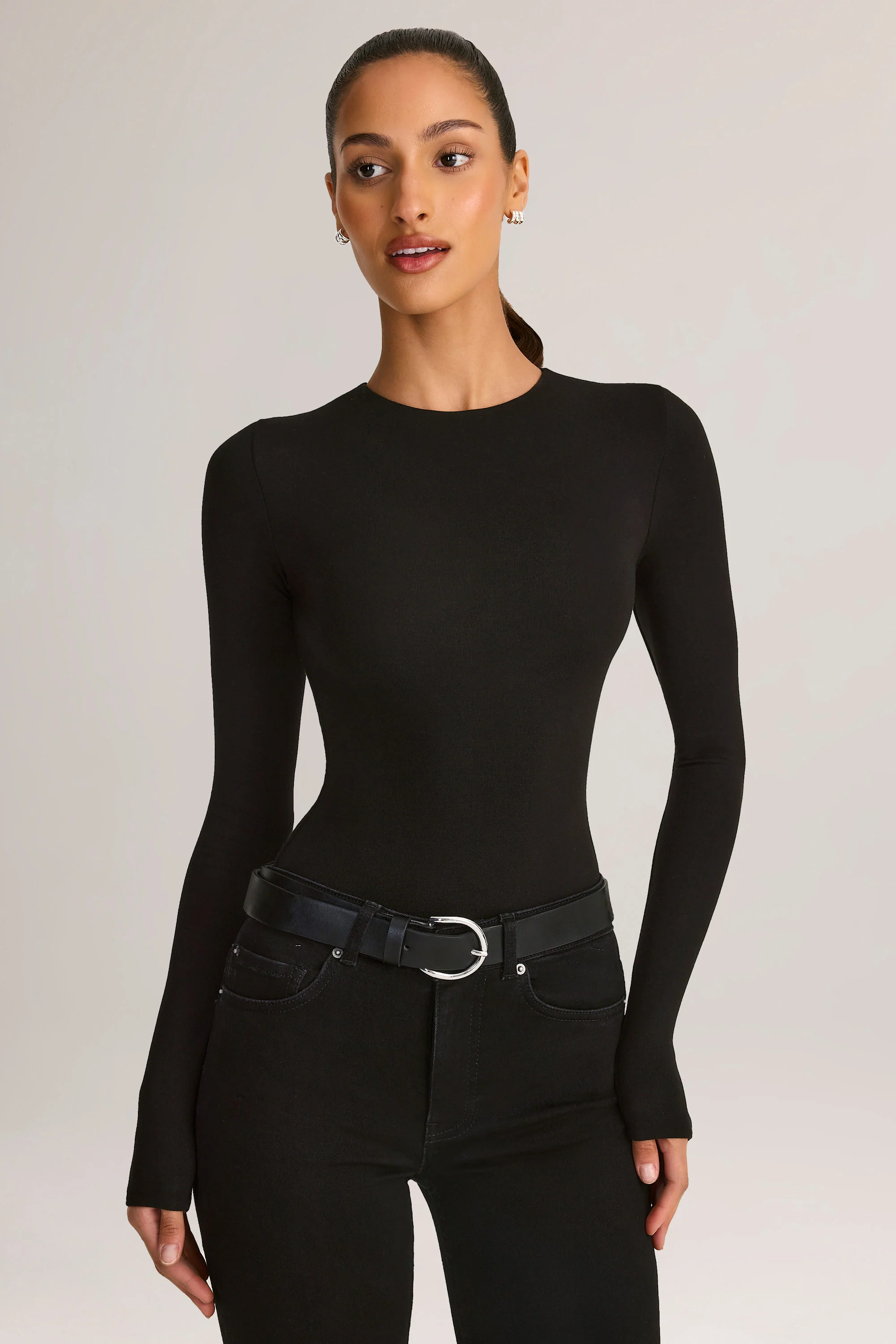 Modal Round-Neck Long-Sleeve Bodysuit in Black - Image 4