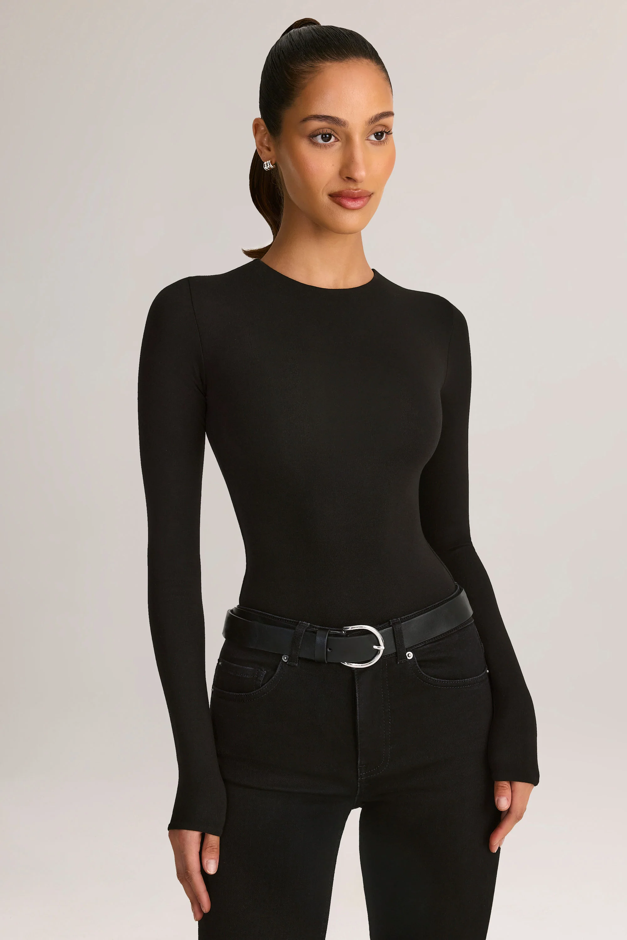 Modal Round-Neck Long-Sleeve Bodysuit in Black - Image 5