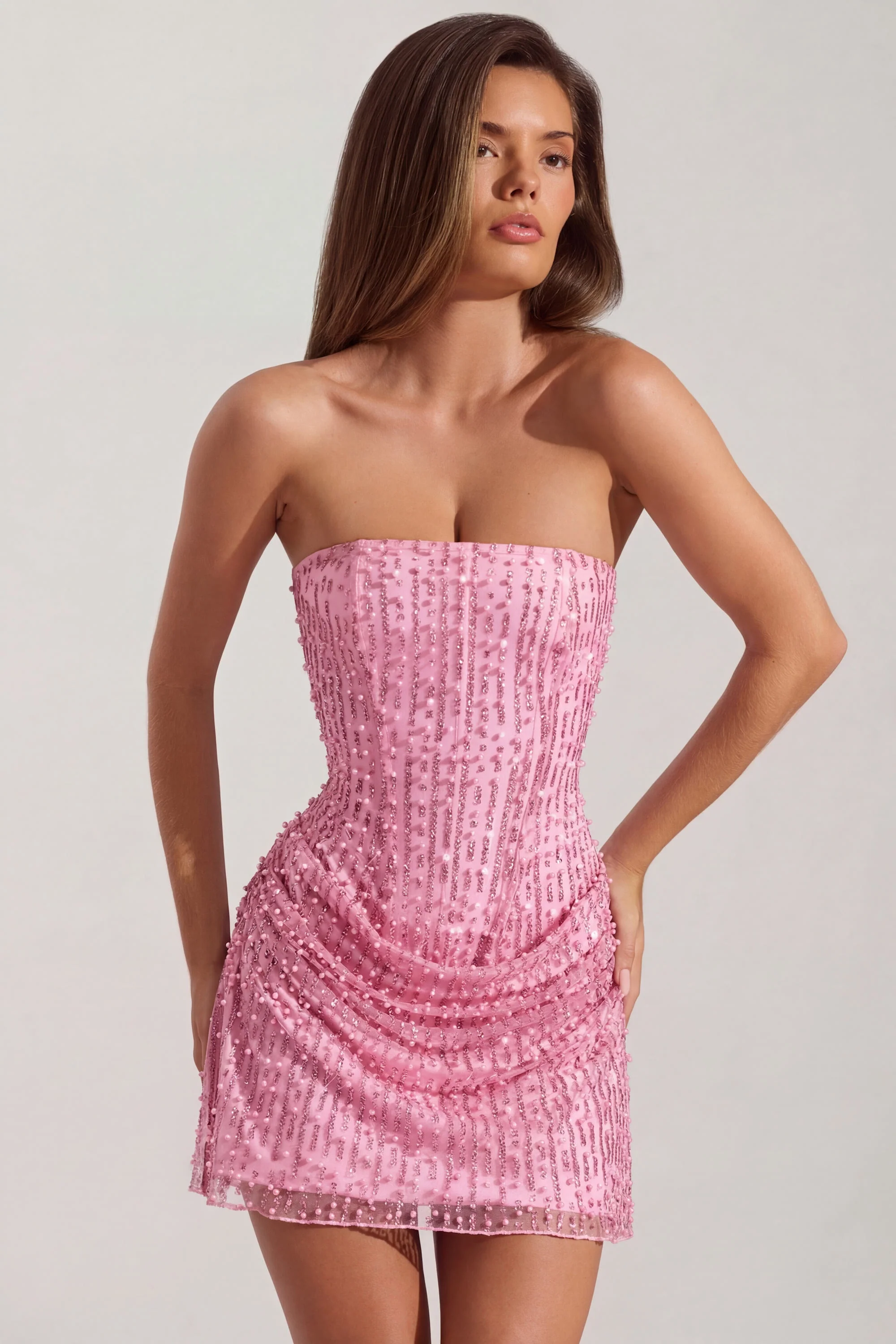 Embellished Draped Strapless A-Line Mini Dress in Pink - Image 7