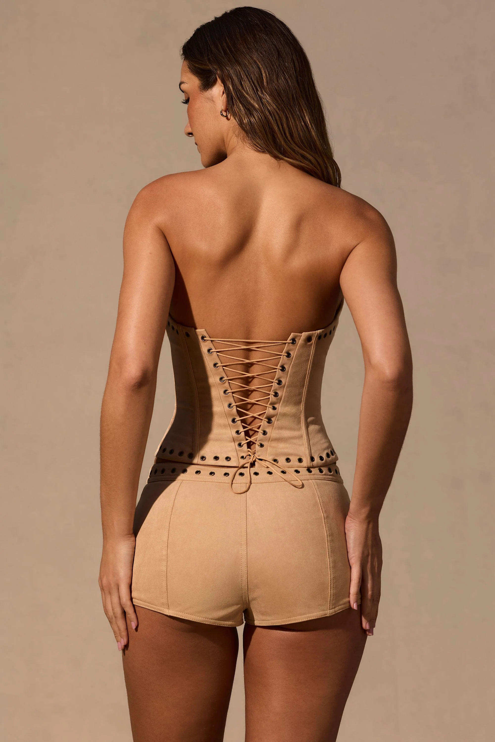 Low-Rise Mini Shorts in Tan - Image 2