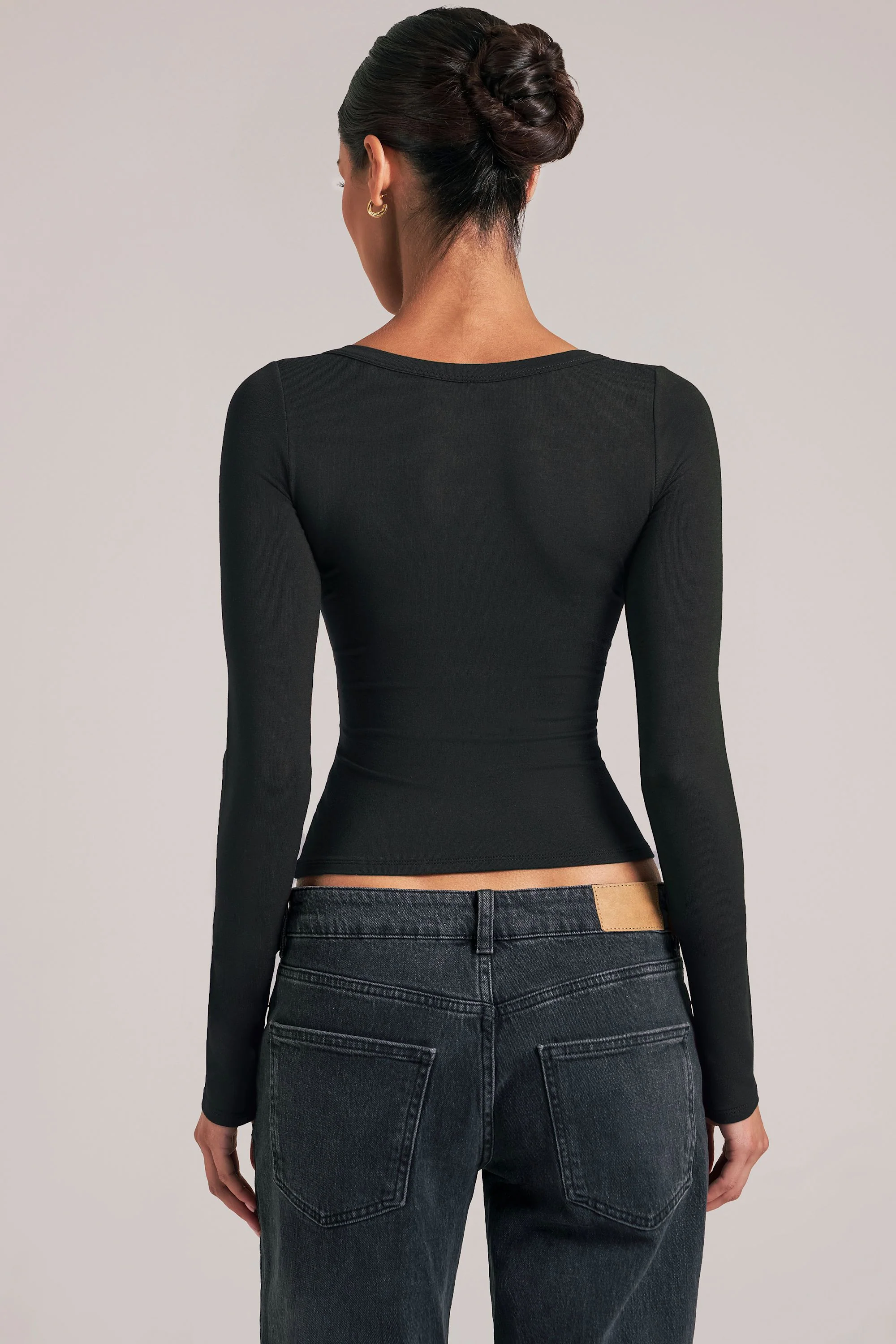 V-Neck Long-Sleeve Top  in Black - Image 2
