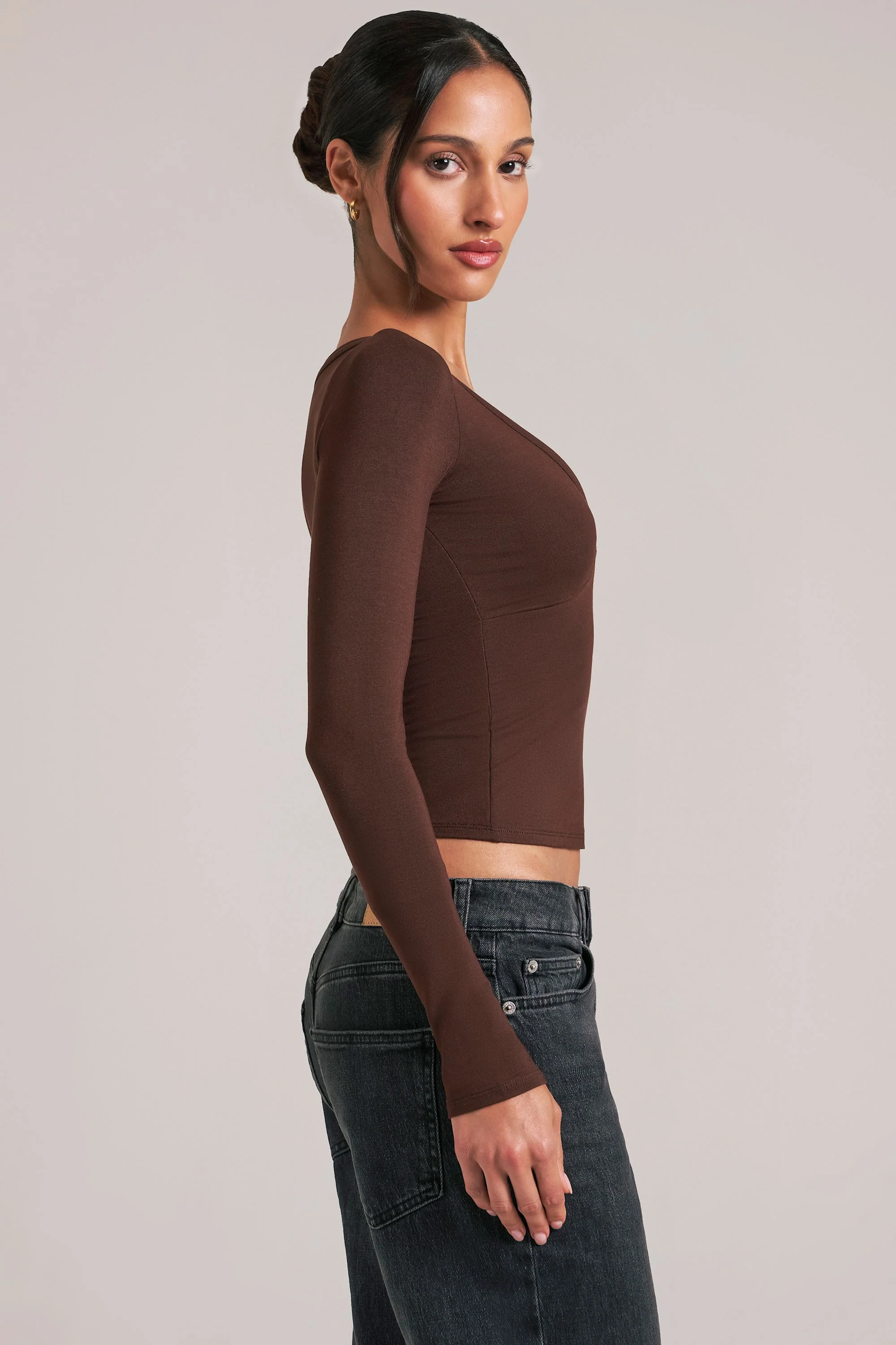 V-Neck Long-Sleeve Top in Chocolate Brown - Image 3