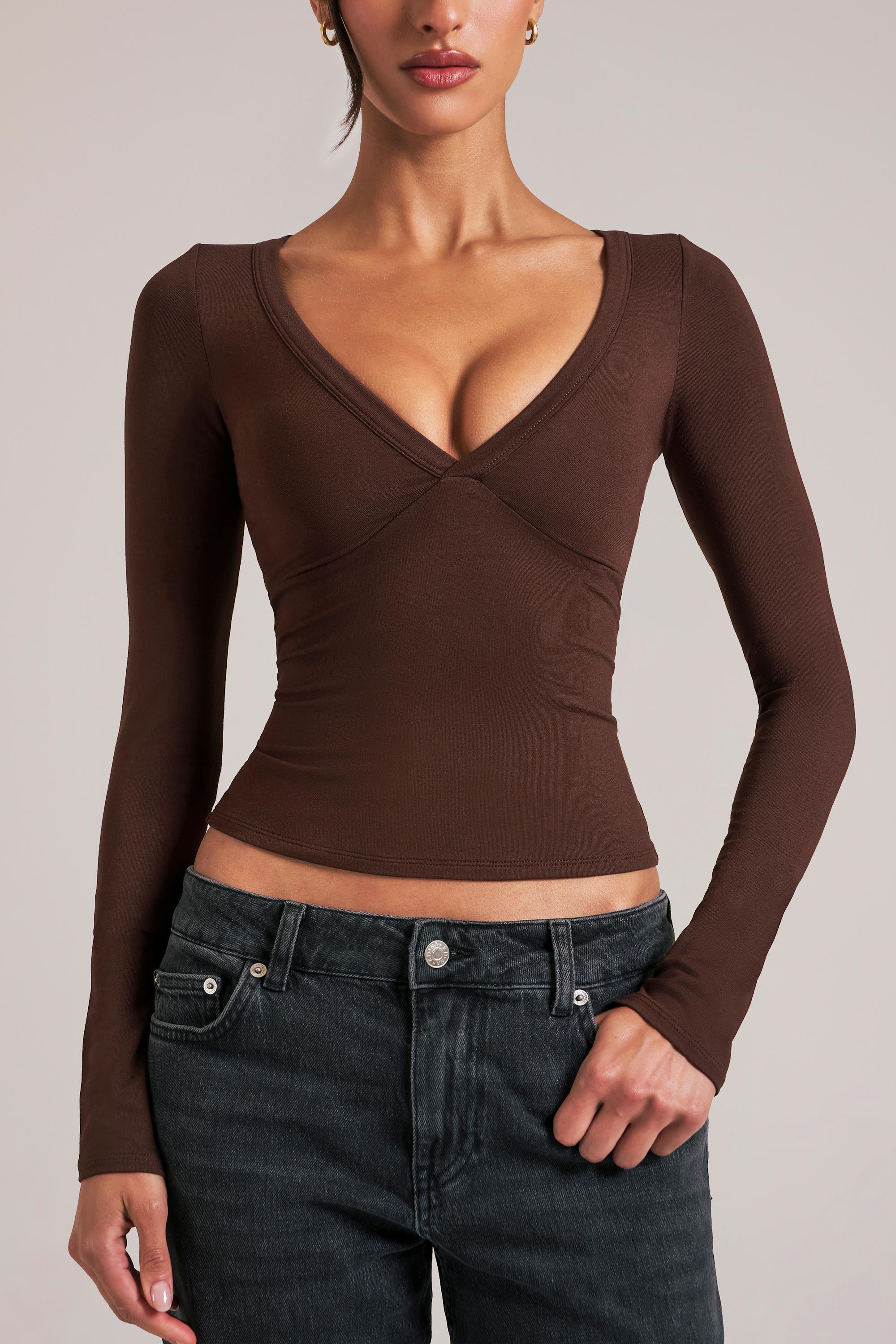 V-Neck Long-Sleeve Top in Chocolate Brown - Image 4