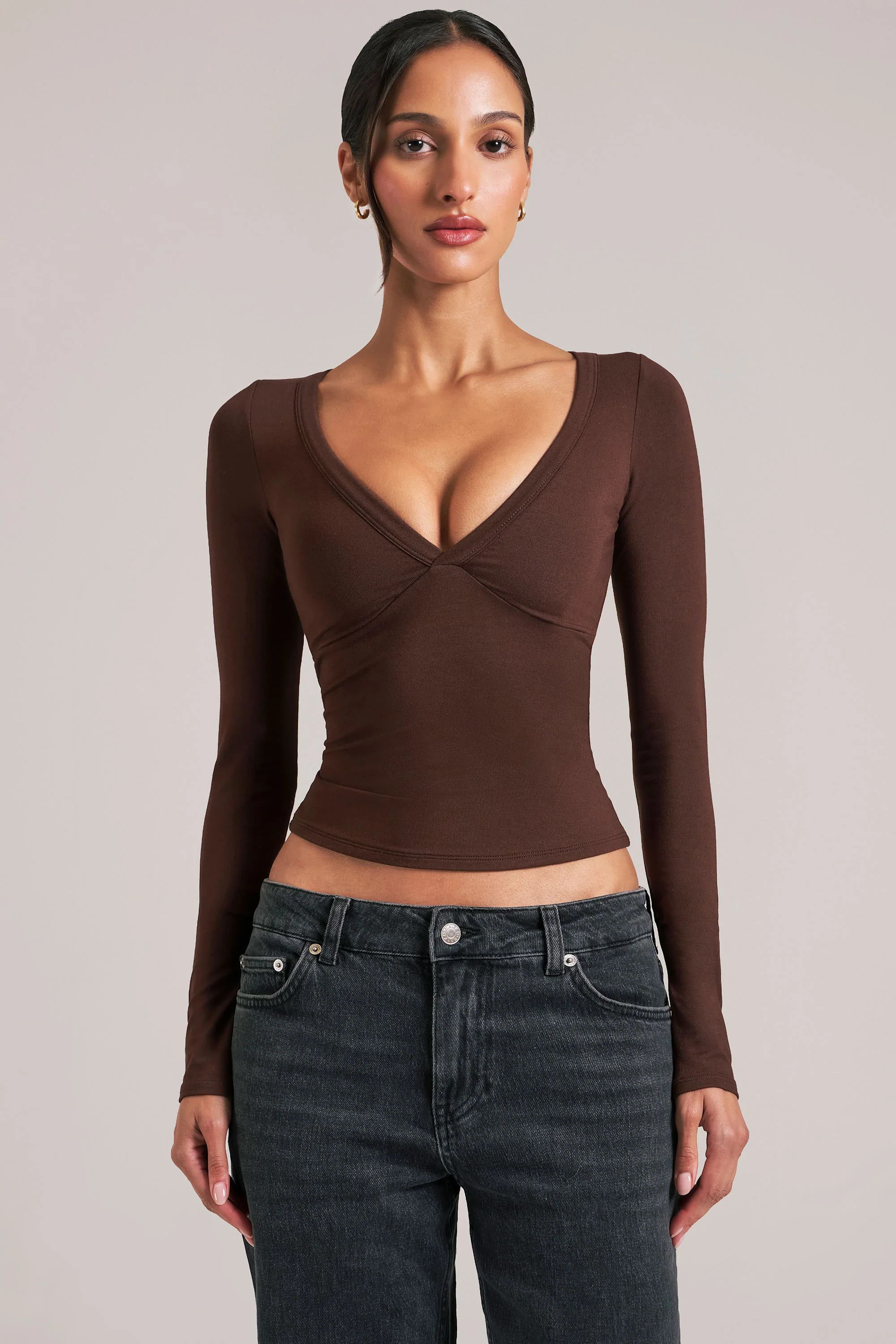 V-Neck Long-Sleeve Top in Chocolate Brown - Image 6