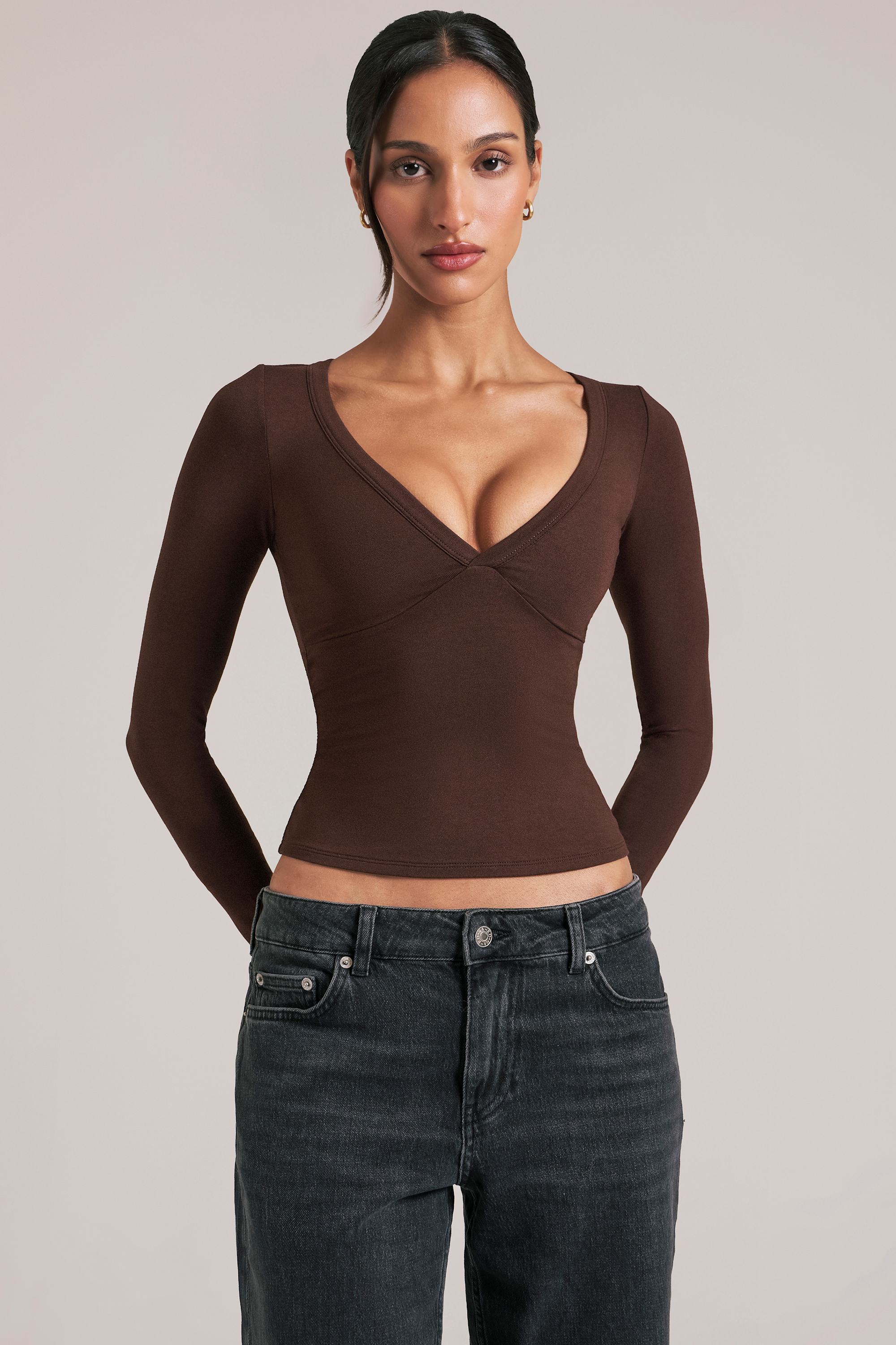 V-Neck Long-Sleeve Top in Chocolate Brown - Image 7