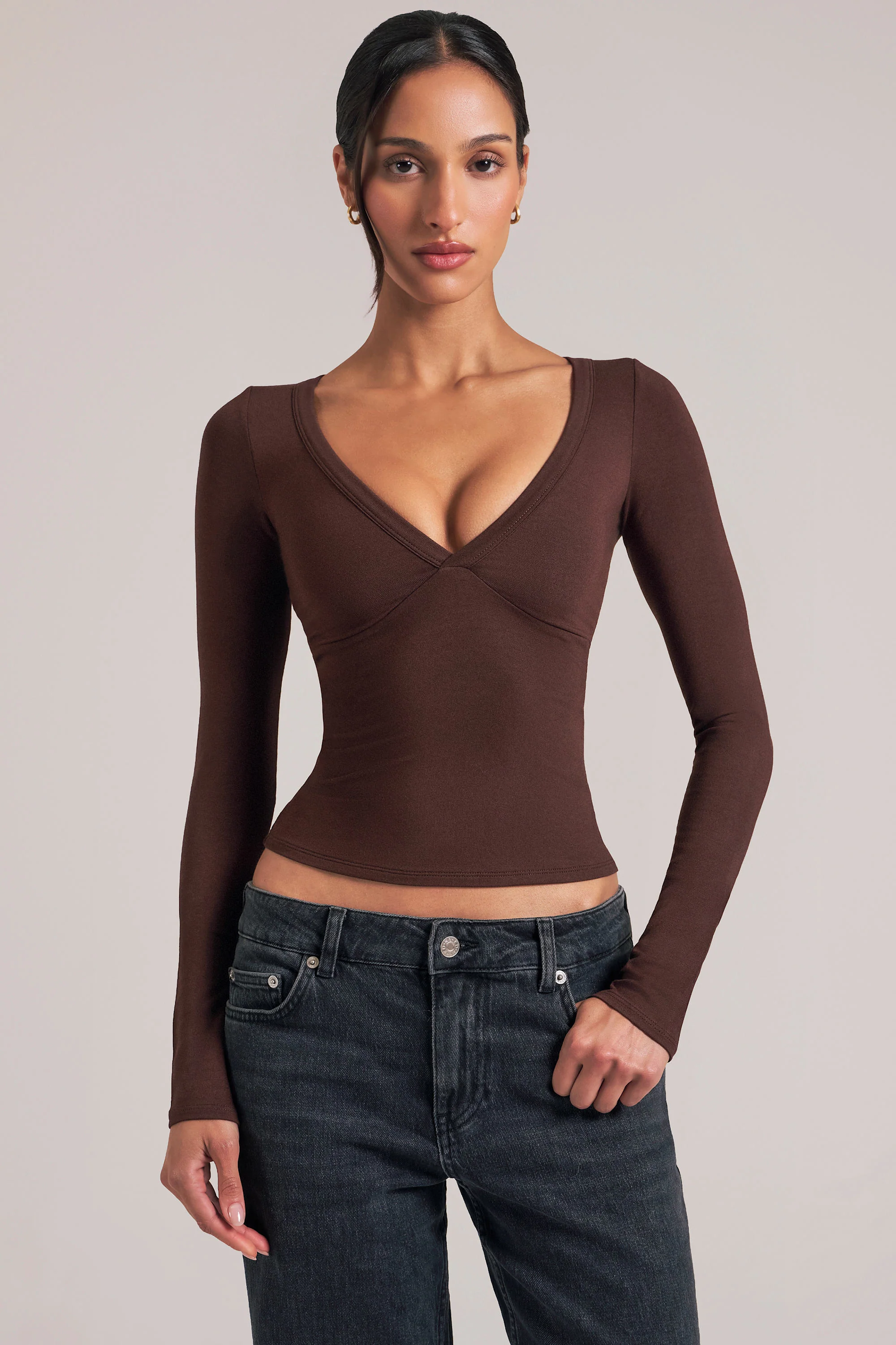 V-Neck Long-Sleeve Top in Chocolate Brown - Image 8
